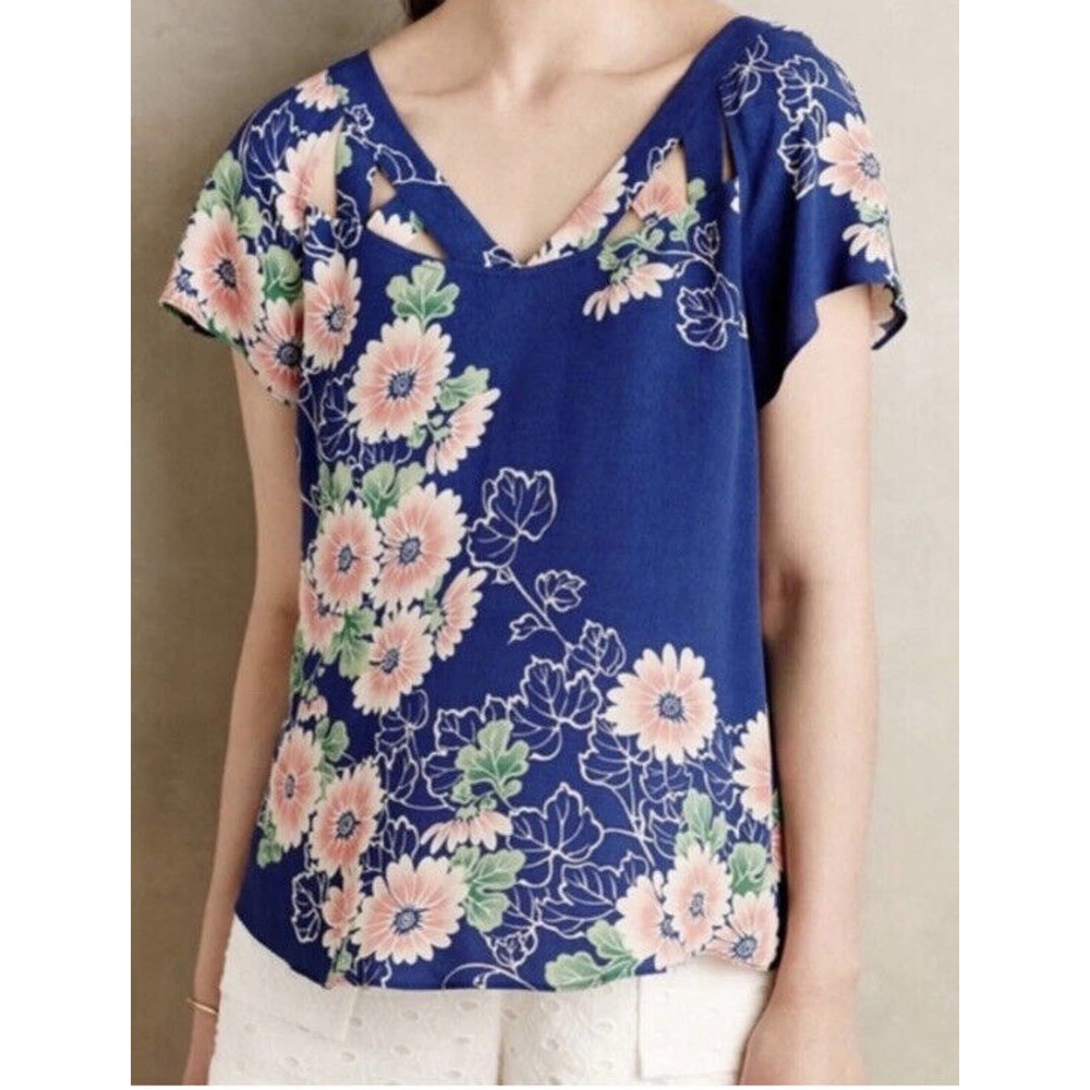 Maeve Anthropologie‎ 4 Floral Lattice Detail Top Blue Pink Green Short Sleeve